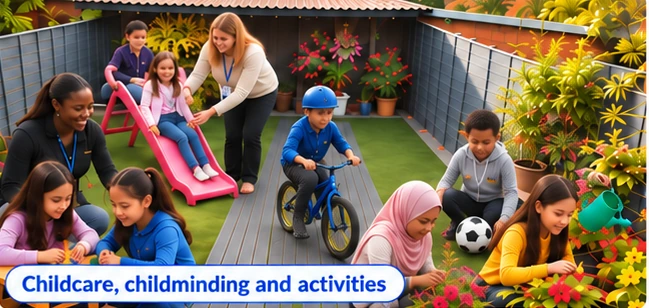 Children enjoying childminding activities in a garden with a wooden walkway, an adult caregiver, slide and bicycle