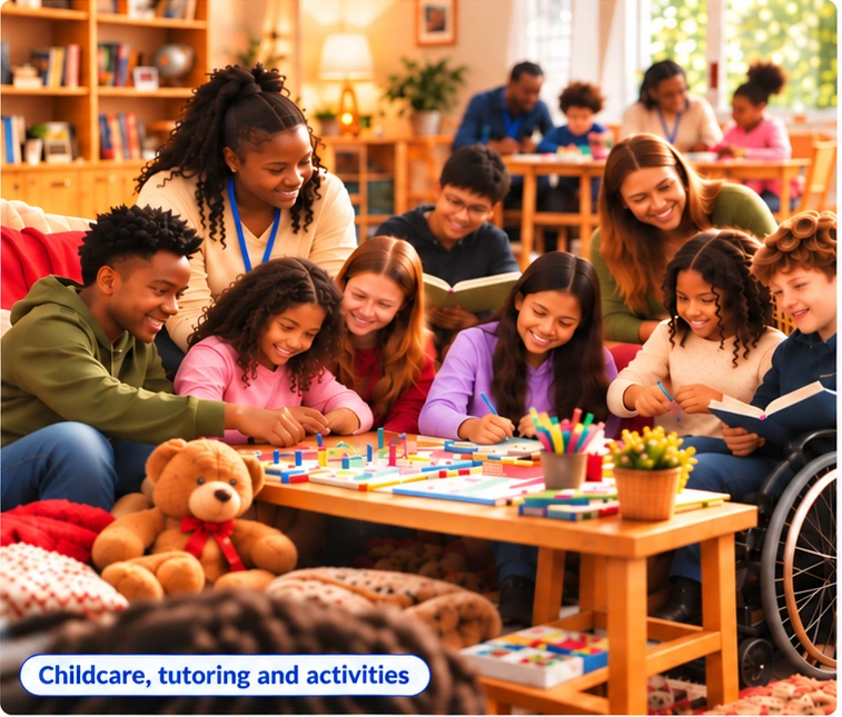 Inclusive childcare, tutoring and creative activities with families and teachers, including a child using a wheelchair