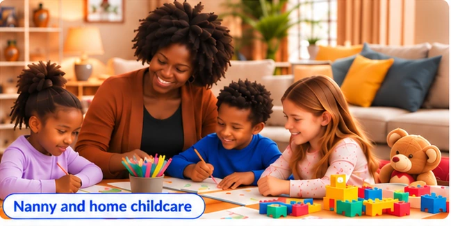 Home childcare with a caregiver and children drawing and playing with blocks