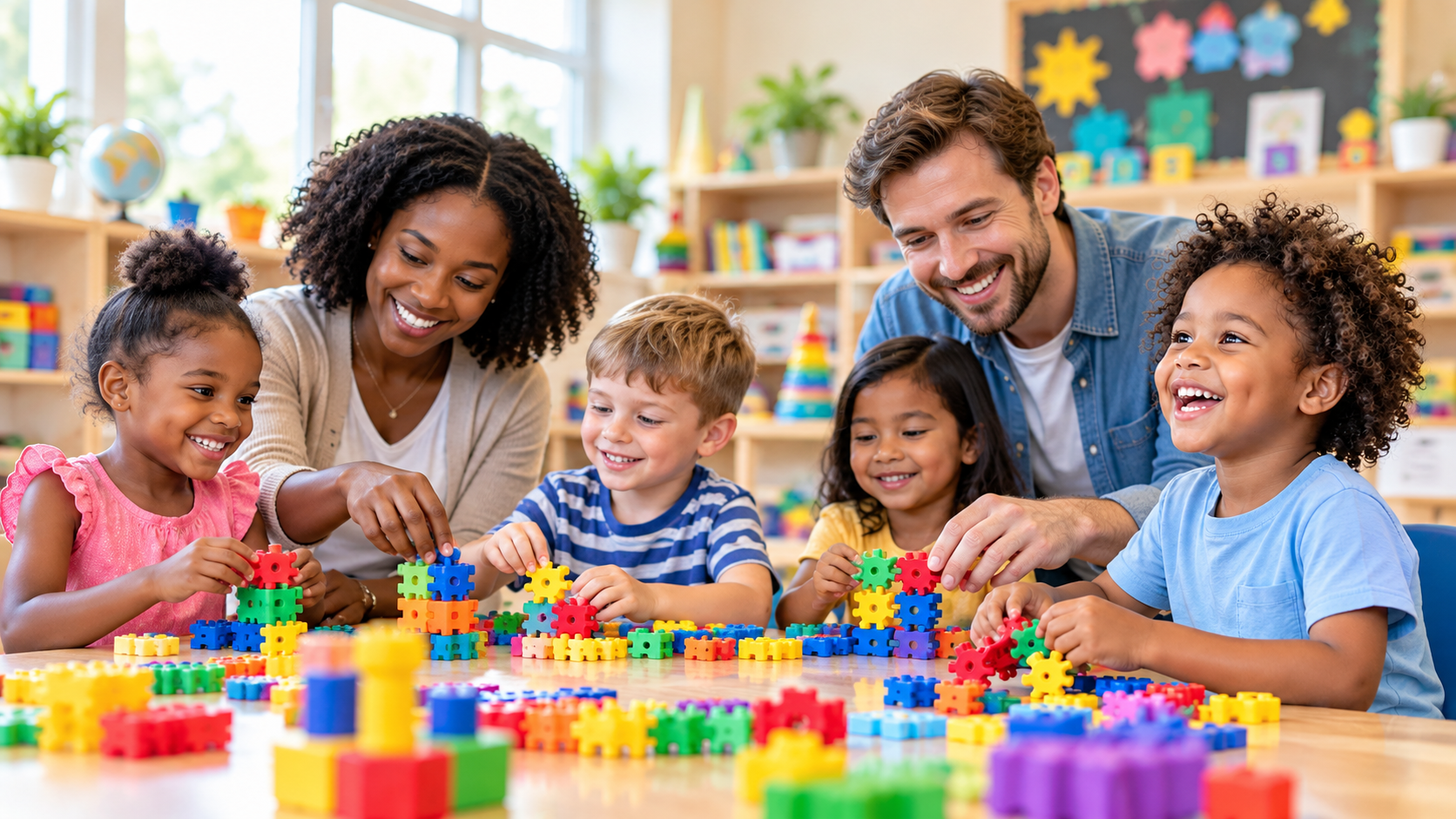 Happy children learning together with colourful educational toys