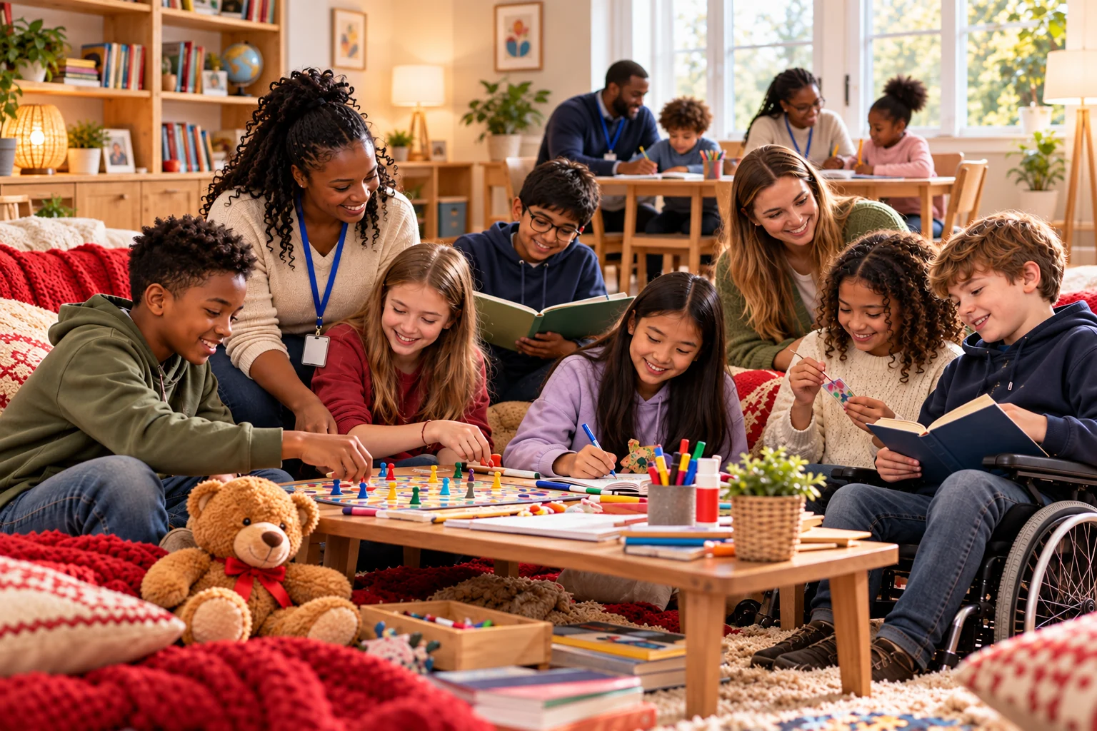 Diverse school-age children, including a child using a wheelchair, enjoying board games, reading and creative learning with supportive adults in a welcoming room