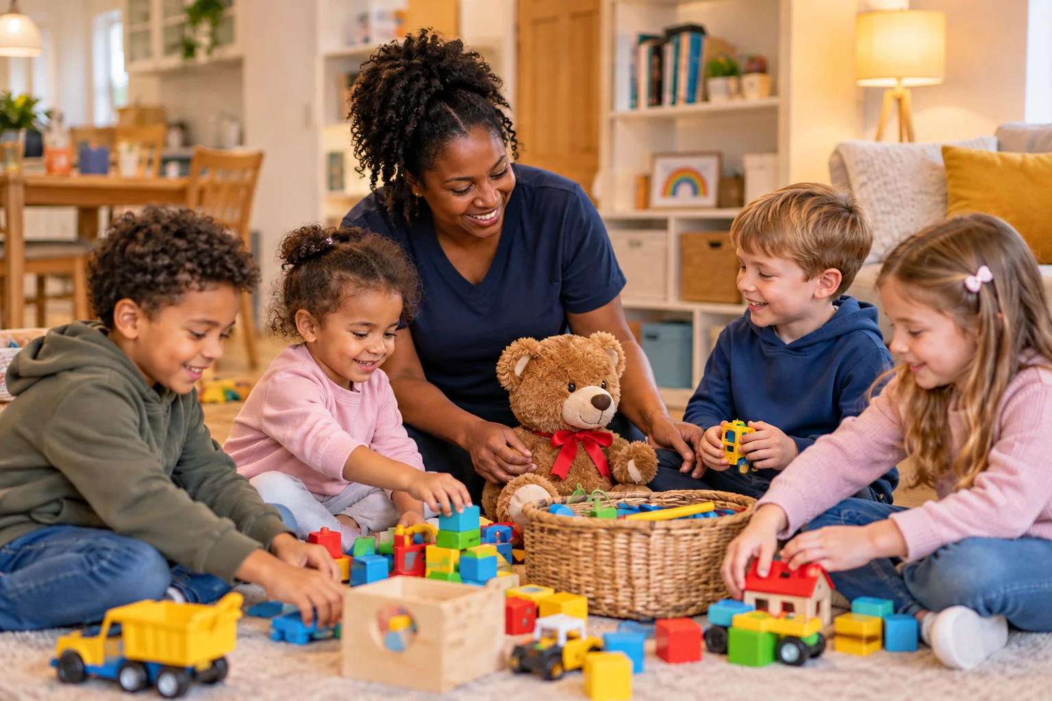 Black female carer supporting two sets of siblings from different families as they play together with toys and a cuddly teddy bear in a cosy home